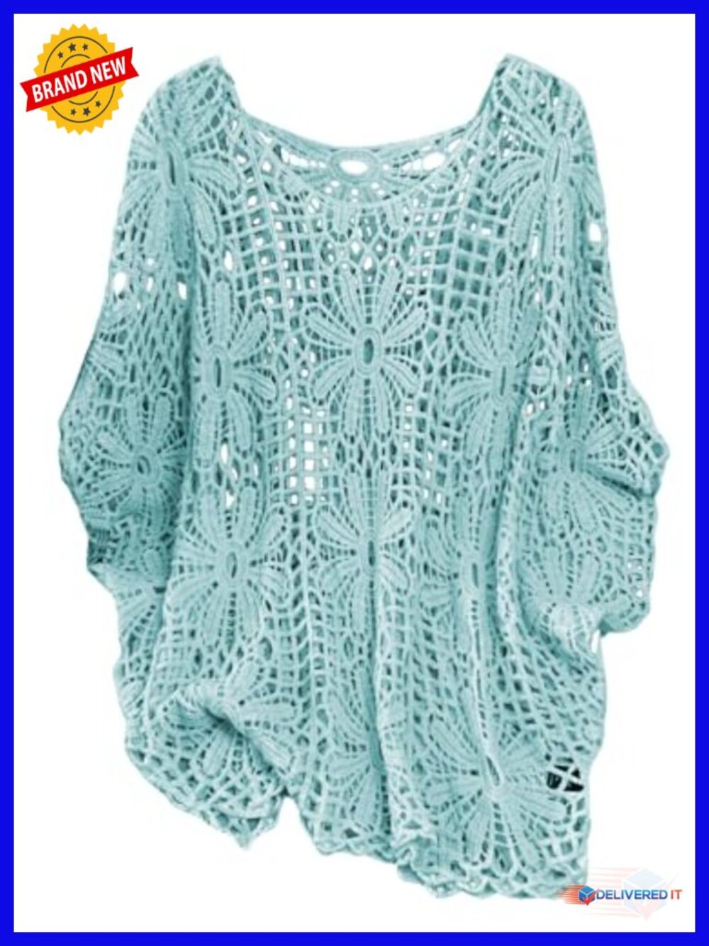 Plus Size Crochet Cover Up 3/4 Sleeve Boho Beach Sweater Tunic